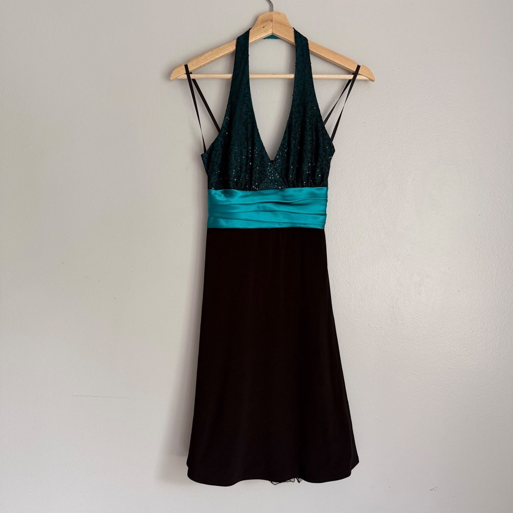Vintage Y2K Teal Sequin Halter Dress Black Tulle Hem Cocktail Party Bow‎ Back